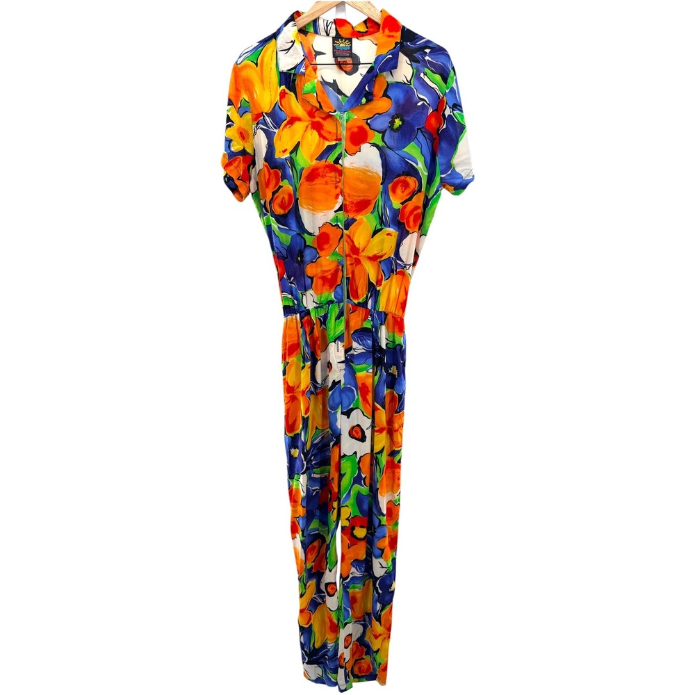 VTG Yucatan Oh Fast Lane‎ Rayon Challis Jumpsuit Floral Tropical Zip L Bright
